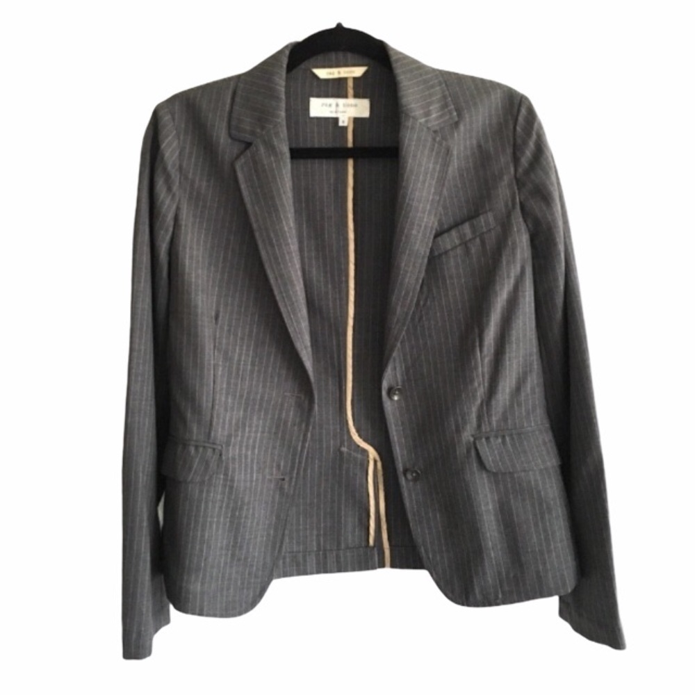 RAG & BONE Grey Wool White Pinstripe Button Front Long Sleeve Blazer 8